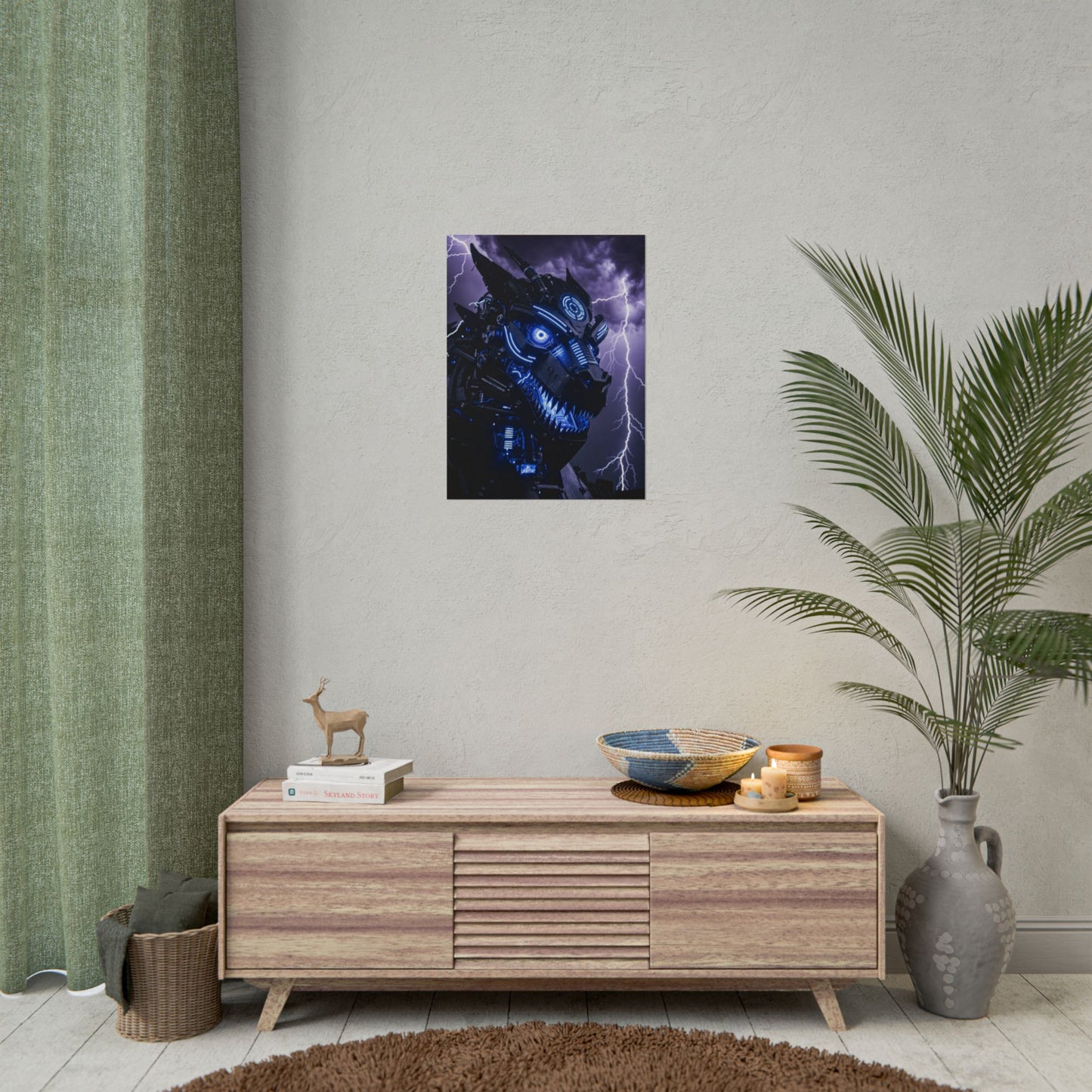 CyberDragon Storm Poster — Futuristic Mech Wolf Art Print (Rolled Poster)