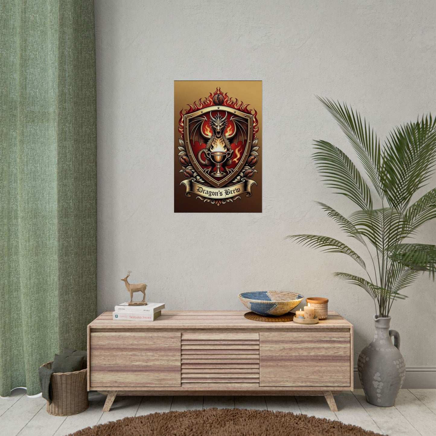 Dragon's Brew Poster — Fantasy Dragon Shield Artwork Rolled Poster