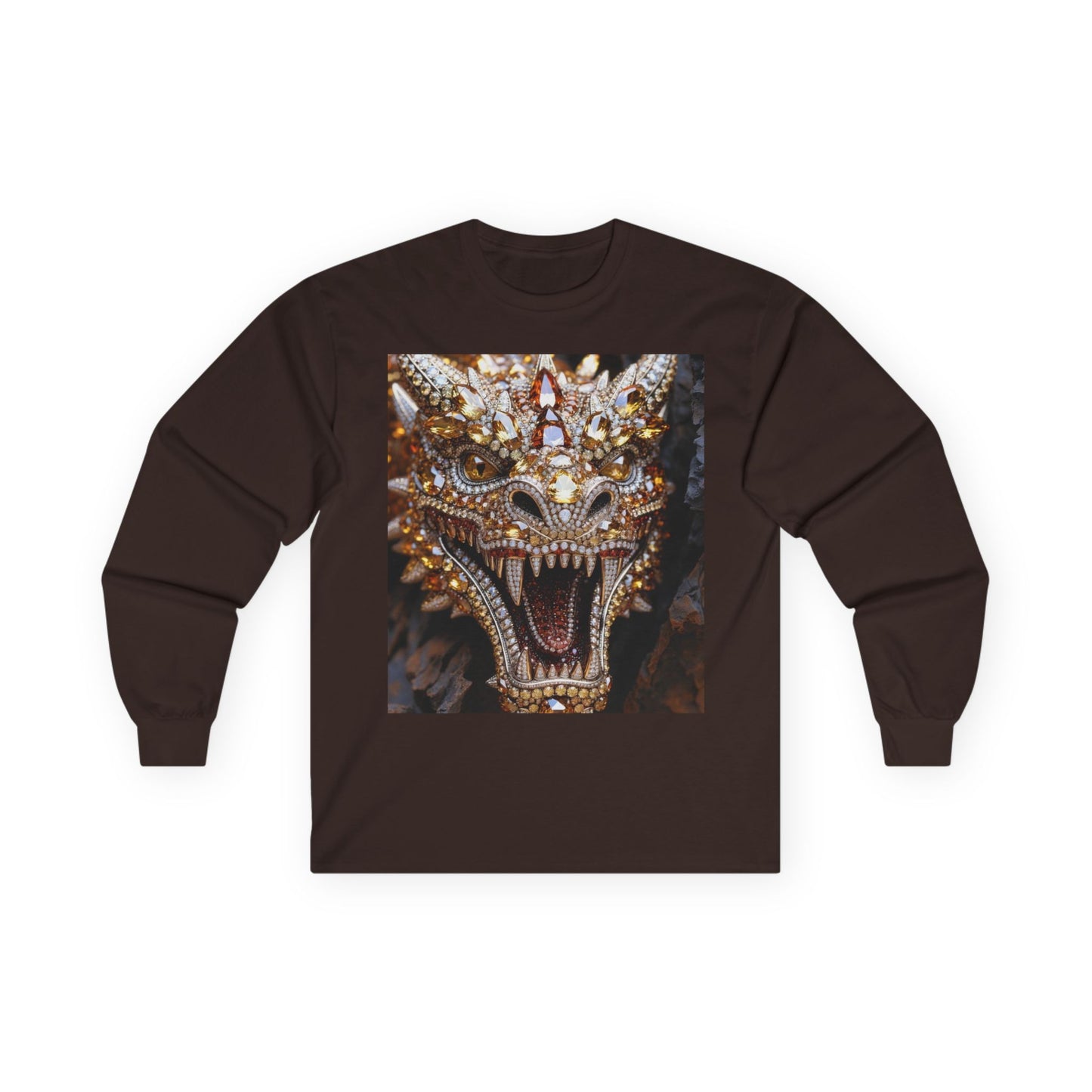 Dragon Mask Long Sleeve Tee — Ornate Fiery Dragon Face Graphic