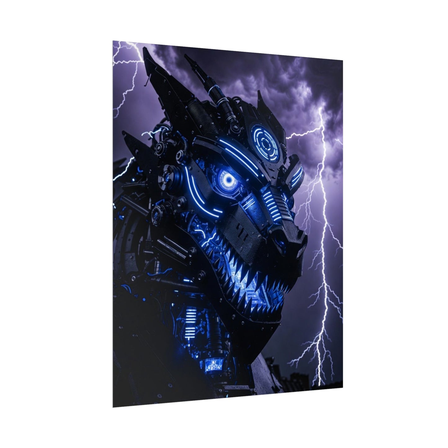 CyberDragon Storm Poster — Futuristic Mech Wolf Art Print (Rolled Poster)