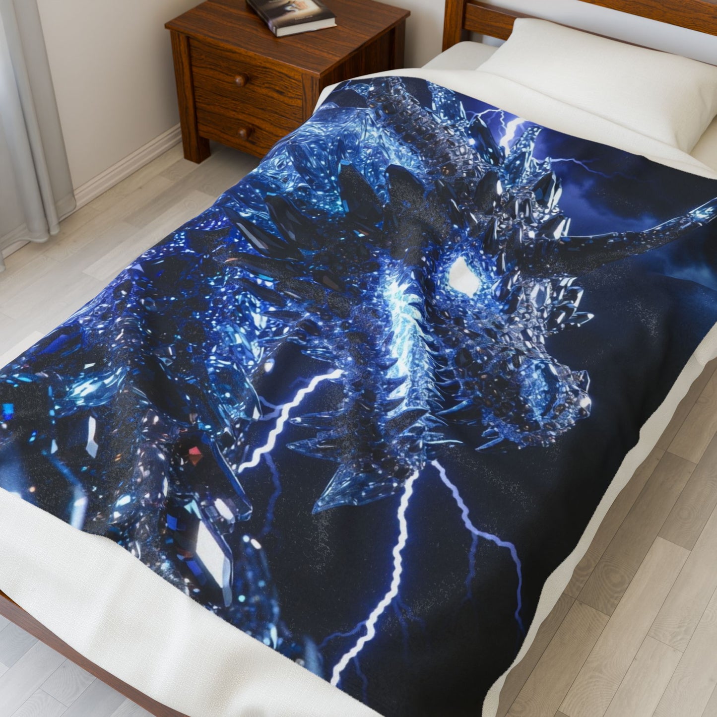 Dragon Lightning Velveteen Plush Blanket — Blue Crystal Dragon Throw for Fantasy Fans