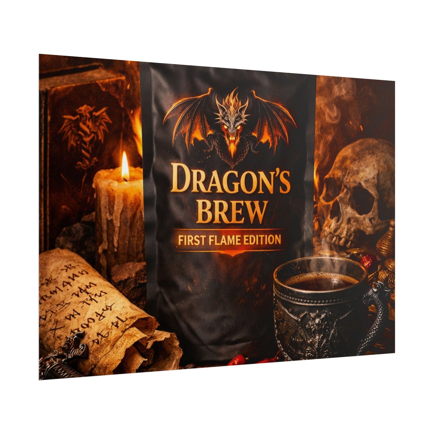 Rolled Poster — "Dragon's Brew: First Flame Edition" Fantasy Coffee Art Print