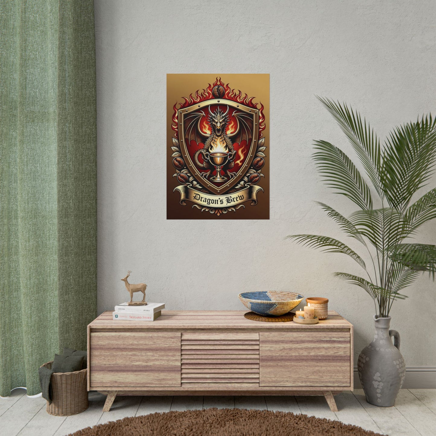 Dragon's Brew Poster — Fantasy Dragon Shield Artwork Rolled Poster