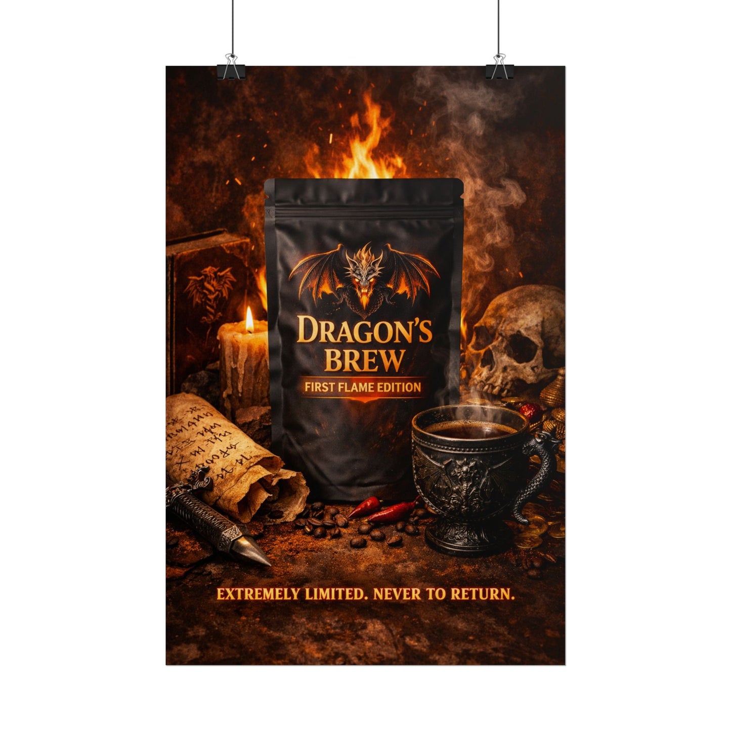Rolled Poster — "Dragon's Brew: First Flame Edition" Fantasy Coffee Art Print