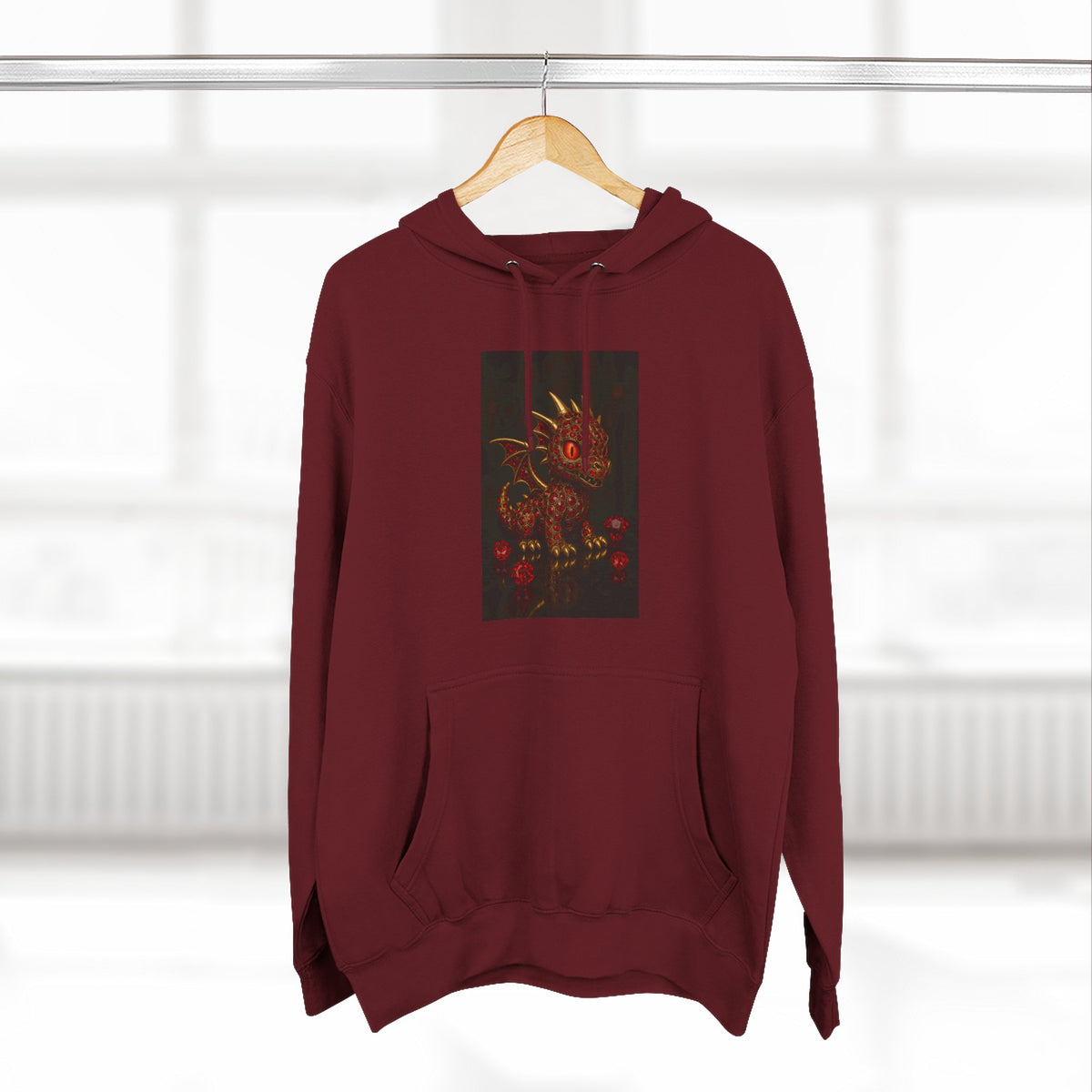A RUBY RED Dragon Swirl Fleece Hoodie - Three-Panel Design for Fantasy Lovers