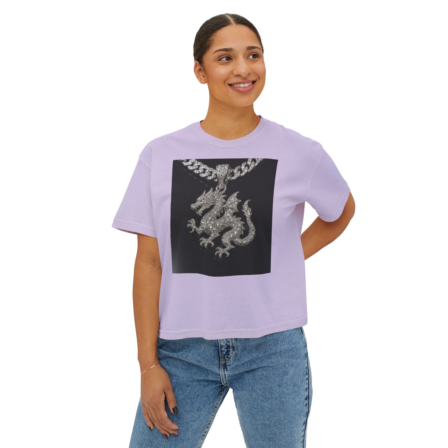 A Divine Diamond Dragon Pendant Graphic Women's Boxy Tee, Casual T-Shirt, Trendy Fashion, Streetwear Style, Unique Gift for Her, Everyday Wear