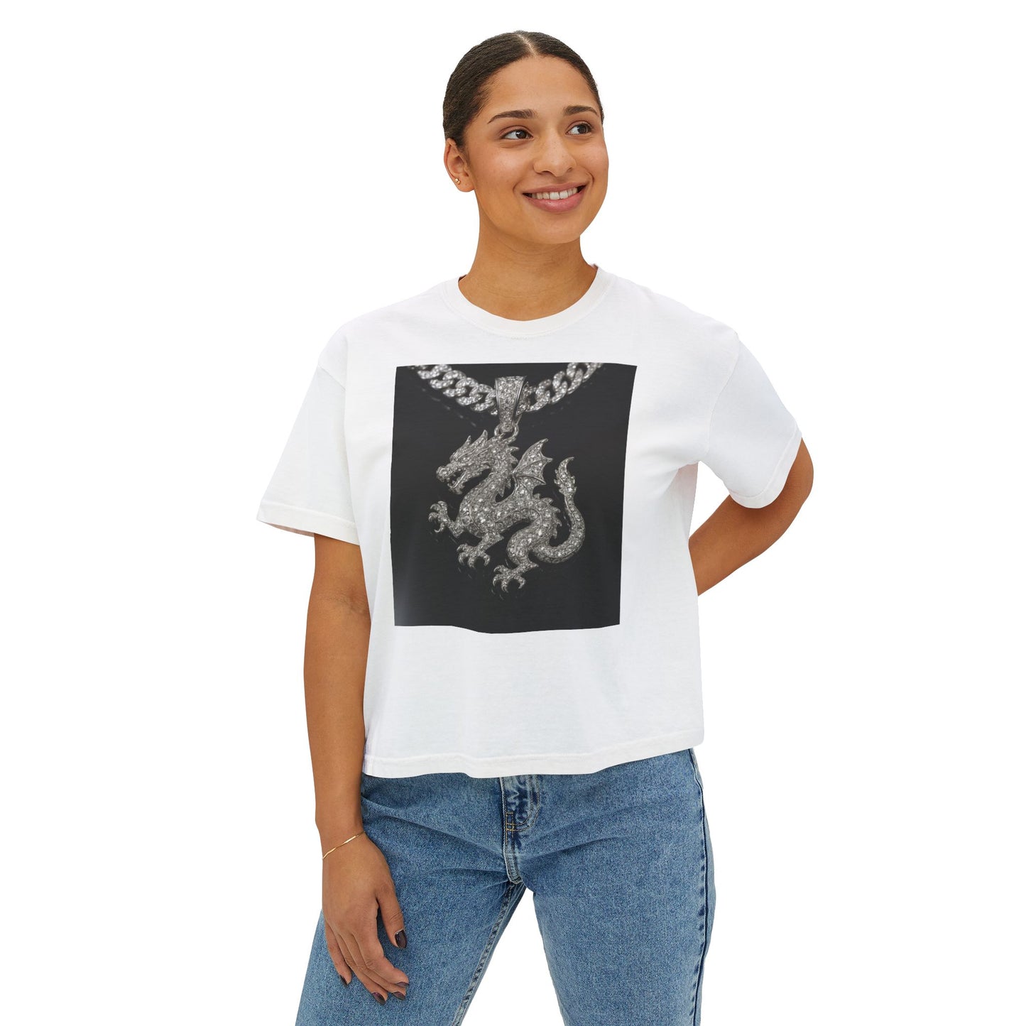 A Divine Diamond Dragon Pendant Graphic Women's Boxy Tee, Casual T-Shirt, Trendy Fashion, Streetwear Style, Unique Gift for Her, Everyday Wear