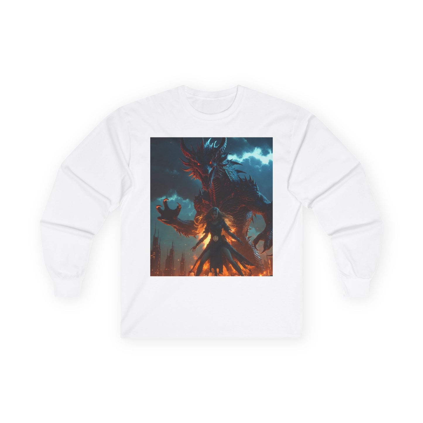 Dragon of Flame Long Sleeve Tee — Dark Fantasy Fire Demon Artwork
