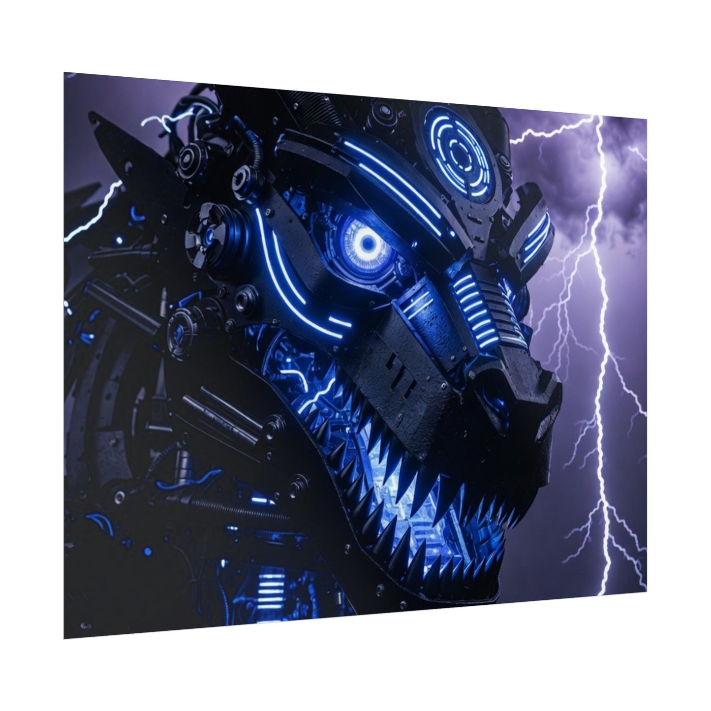 CyberDragon Storm Poster — Futuristic Mech Wolf Art Print (Rolled Poster)