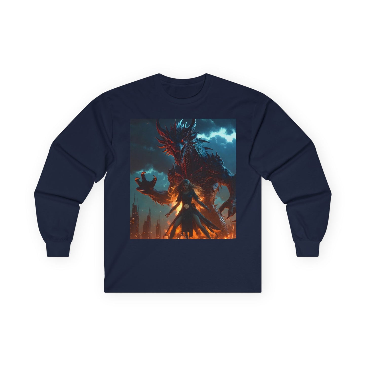 Dragon of Flame Long Sleeve Tee — Dark Fantasy Fire Demon Artwork