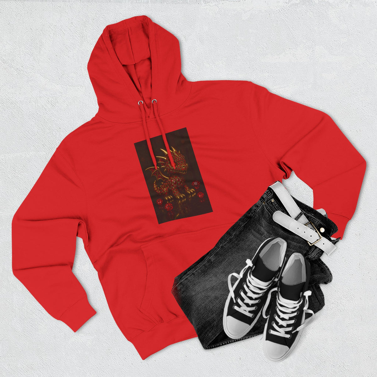 A RUBY RED Dragon Swirl Fleece Hoodie - Three-Panel Design for Fantasy Lovers