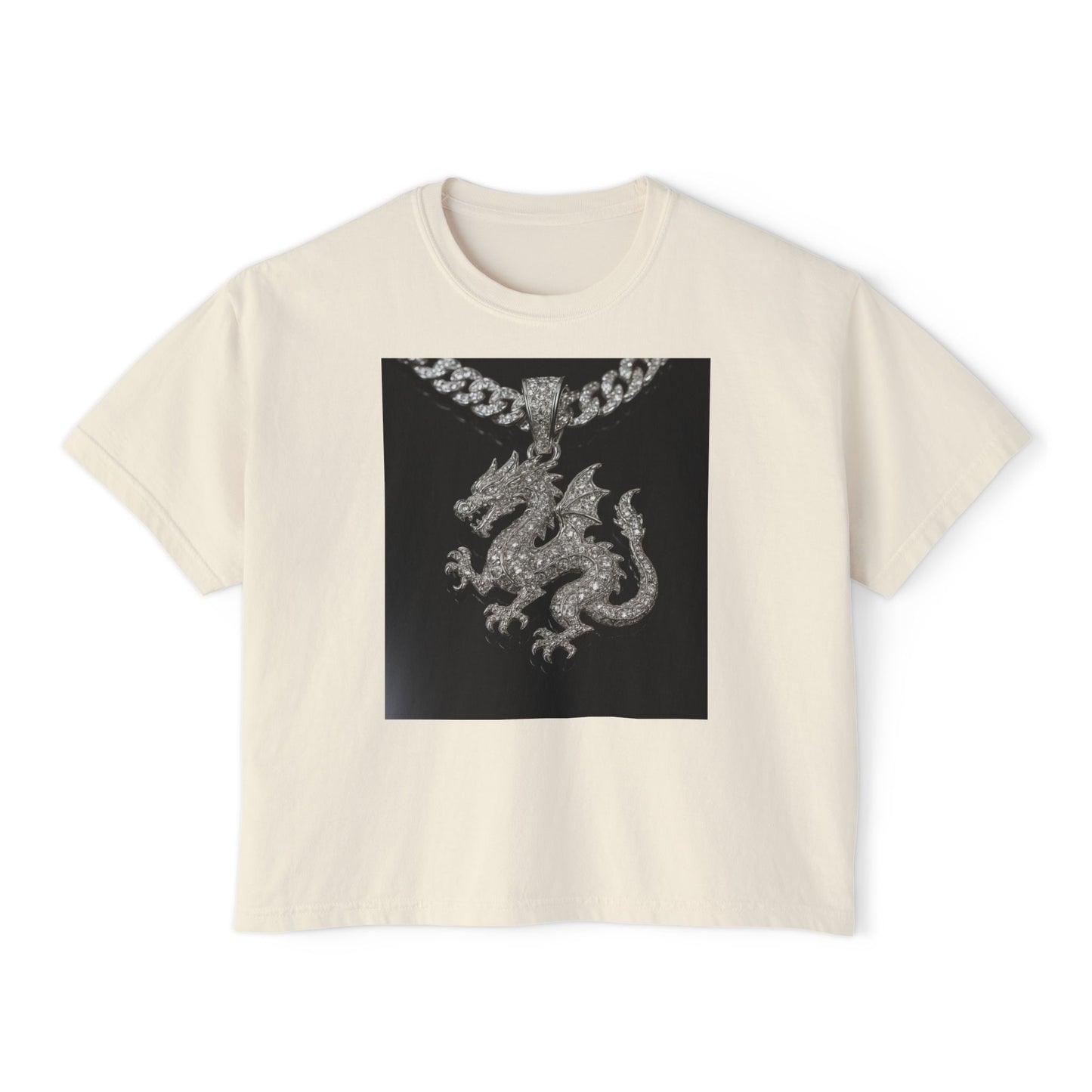 A Divine Diamond Dragon Pendant Graphic Women's Boxy Tee, Casual T-Shirt, Trendy Fashion, Streetwear Style, Unique Gift for Her, Everyday Wear