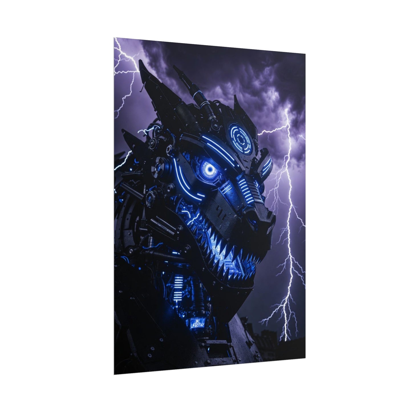 CyberDragon Storm Poster — Futuristic Mech Wolf Art Print (Rolled Poster)