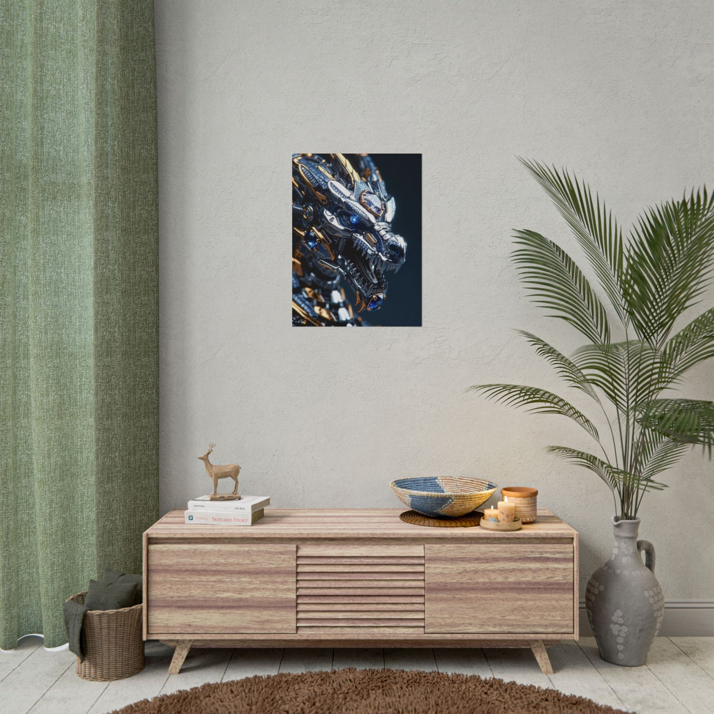 Mechanical Dragon Poster — Futuristic Gold & Blue Sci‑Fi Wall Art