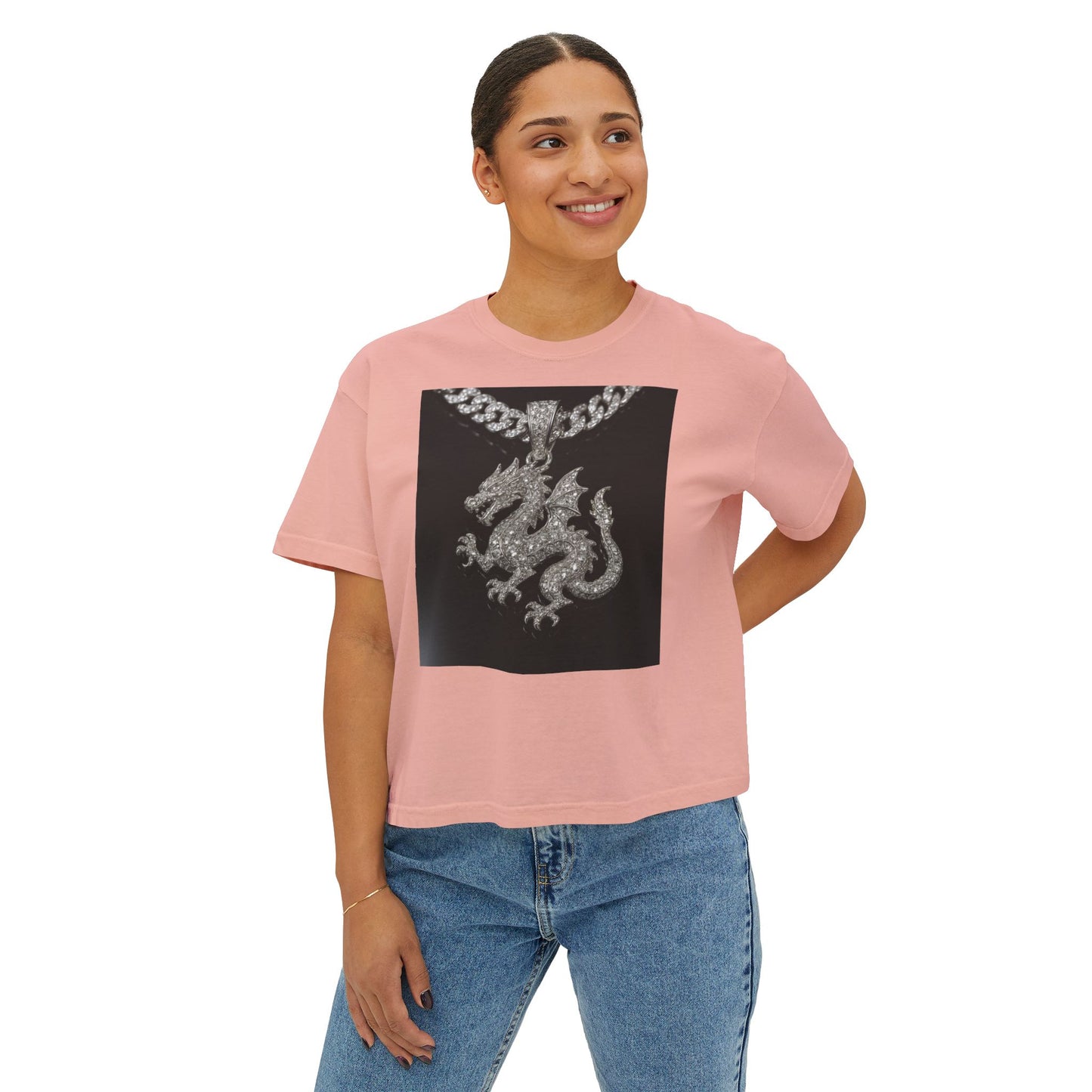 A Divine Diamond Dragon Pendant Graphic Women's Boxy Tee, Casual T-Shirt, Trendy Fashion, Streetwear Style, Unique Gift for Her, Everyday Wear