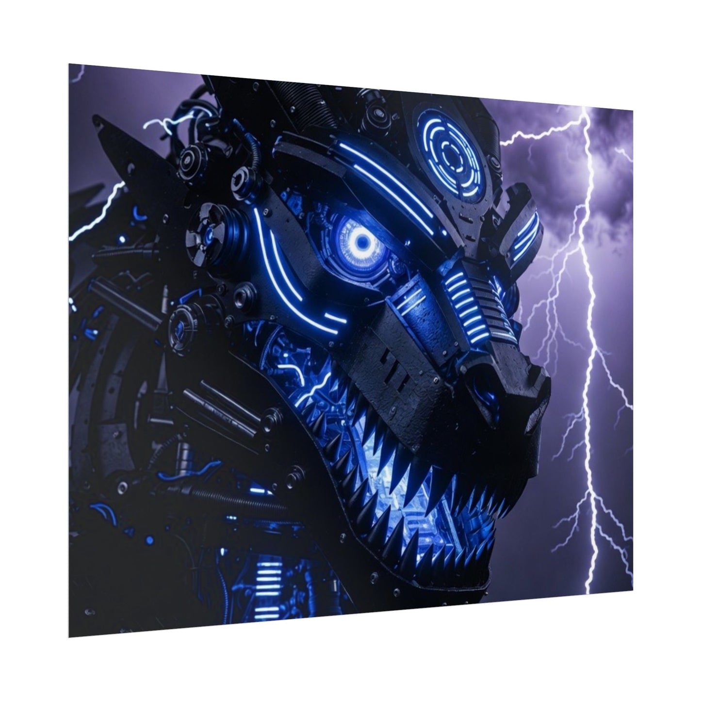 CyberDragon Storm Poster — Futuristic Mech Wolf Art Print (Rolled Poster)