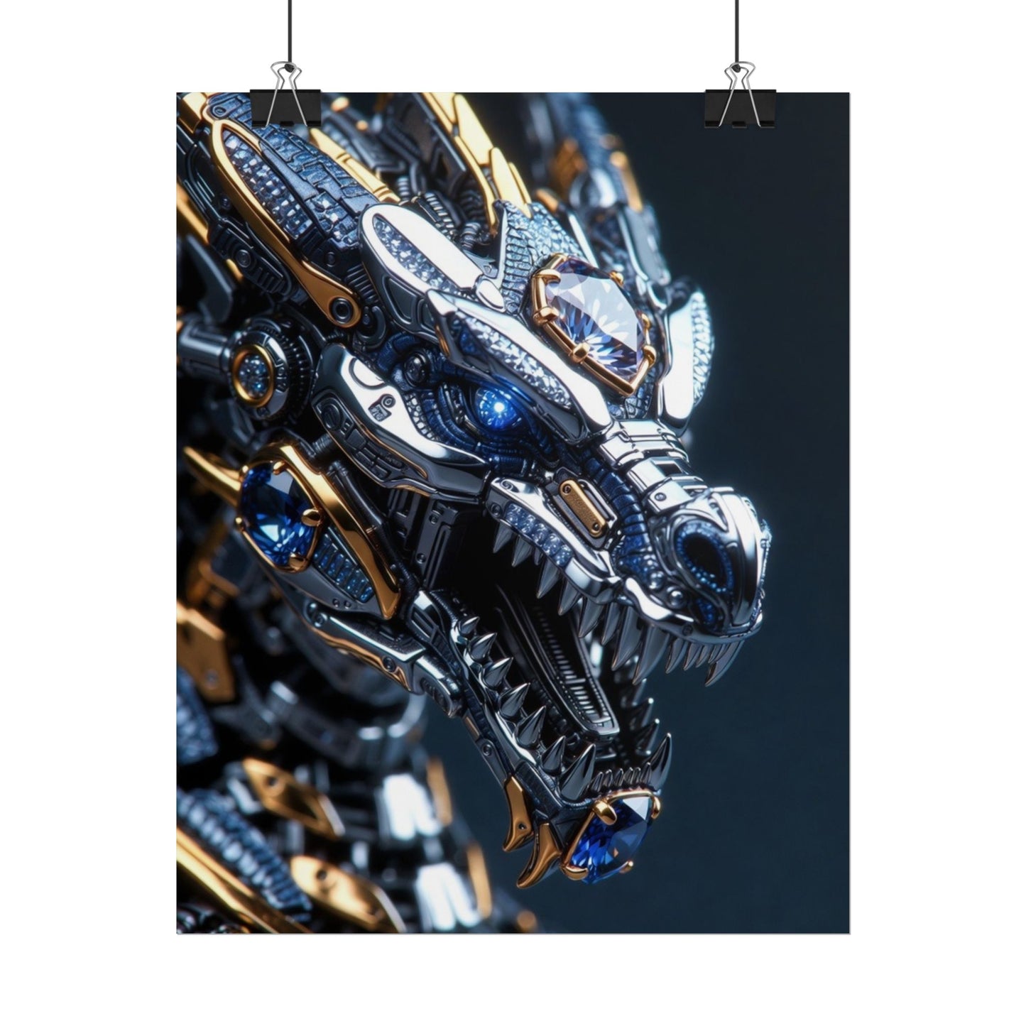 Mechanical Dragon Poster — Futuristic Gold & Blue Sci‑Fi Wall Art