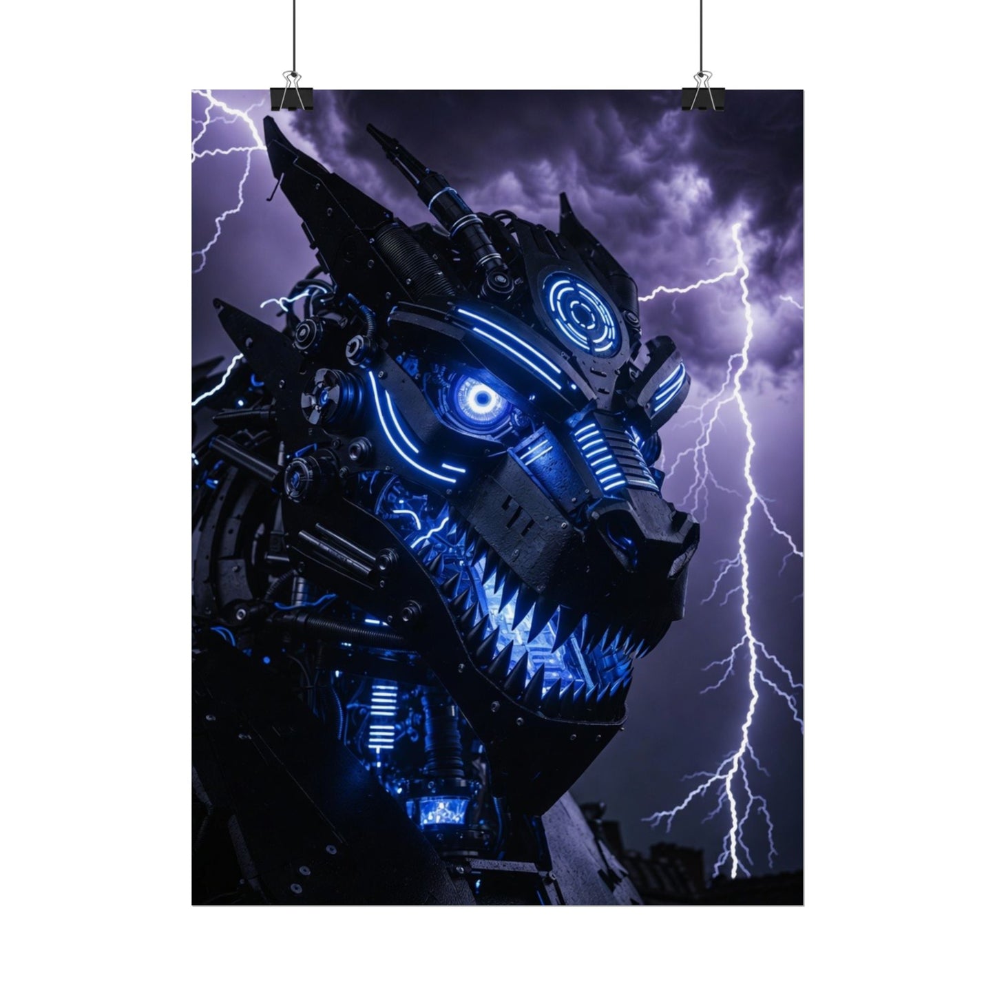 CyberDragon Storm Poster — Futuristic Mech Wolf Art Print (Rolled Poster)