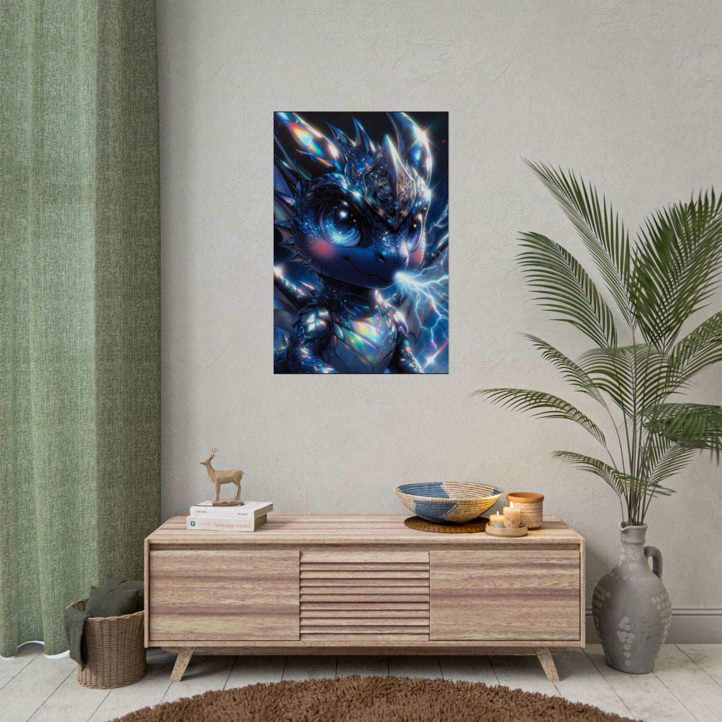 Shiny Blue Dragon Rolled Poster — Cute Electric Fantasy Wall Art