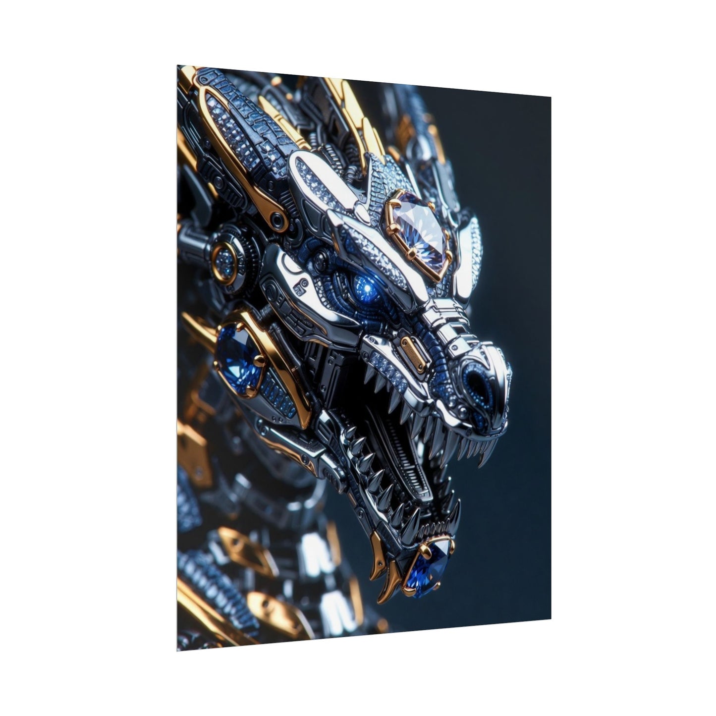 Mechanical Dragon Poster — Futuristic Gold & Blue Sci‑Fi Wall Art