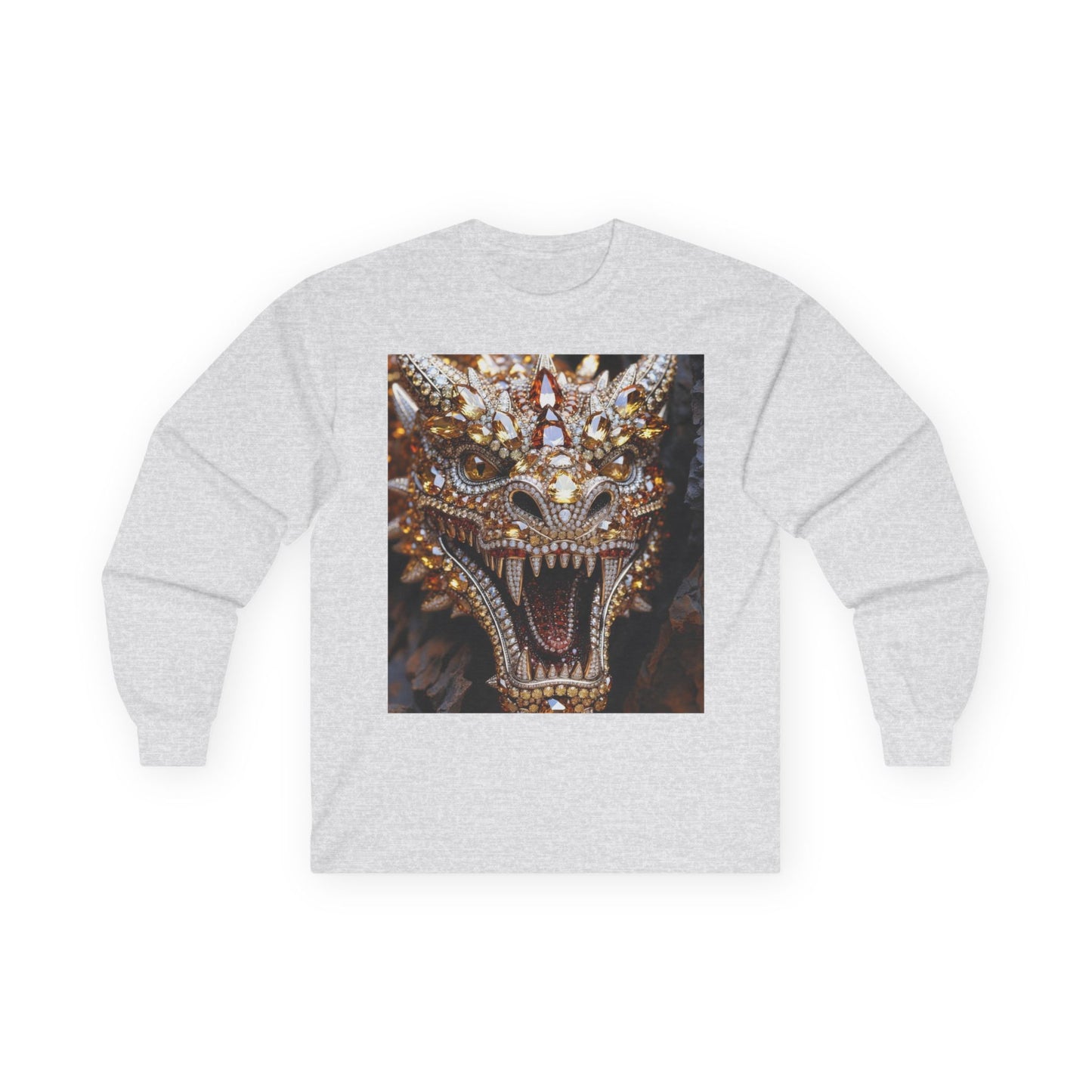 Dragon Mask Long Sleeve Tee — Ornate Fiery Dragon Face Graphic