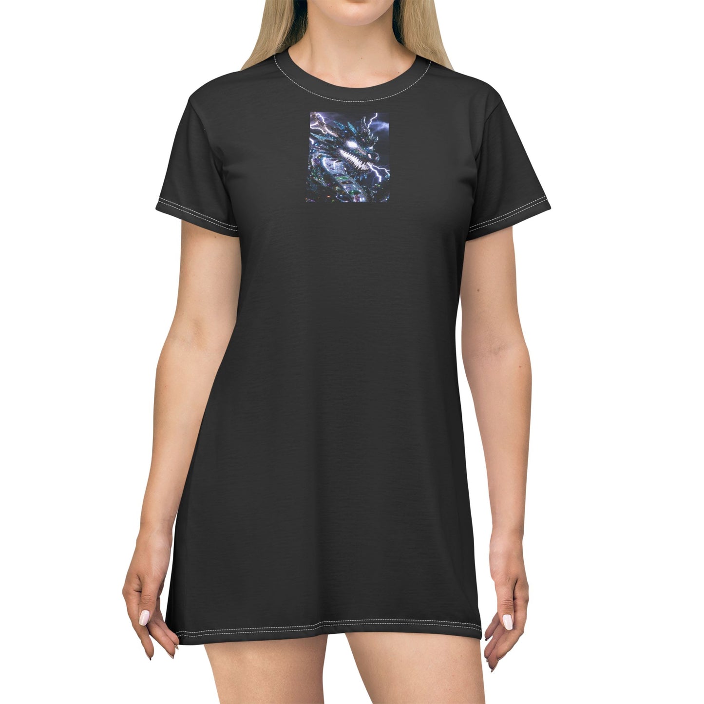 A Black Pocket T‑Shirt Dress with Blue Marble Accent — Casual Everyday AOP Dress