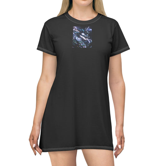 A Black Pocket T‑Shirt Dress with Blue Marble Accent — Casual Everyday AOP Dress