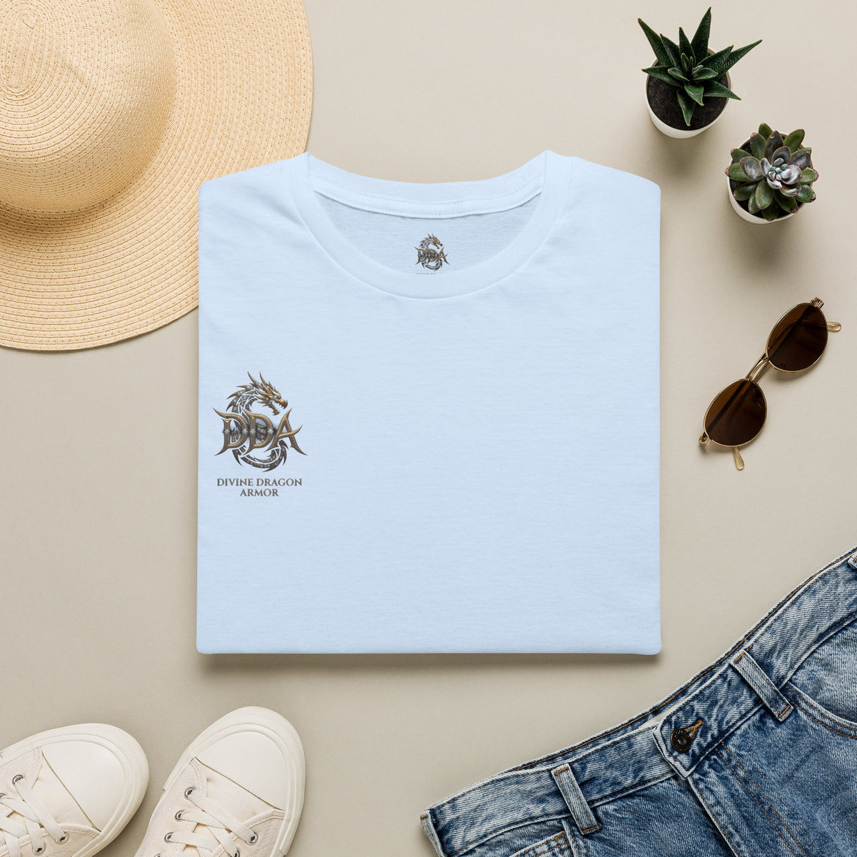DDA DIVINE DRAGON ARMOR T-Shirt — Golden Dragon Emblem Chest Logo, Fantasy Gaming Fan Tee