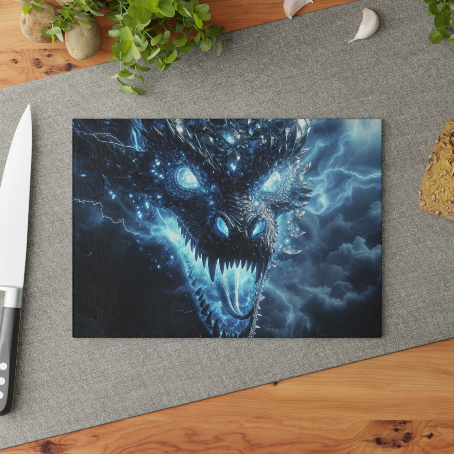 Glass Cutting Board — Electric Blue Dragon Design