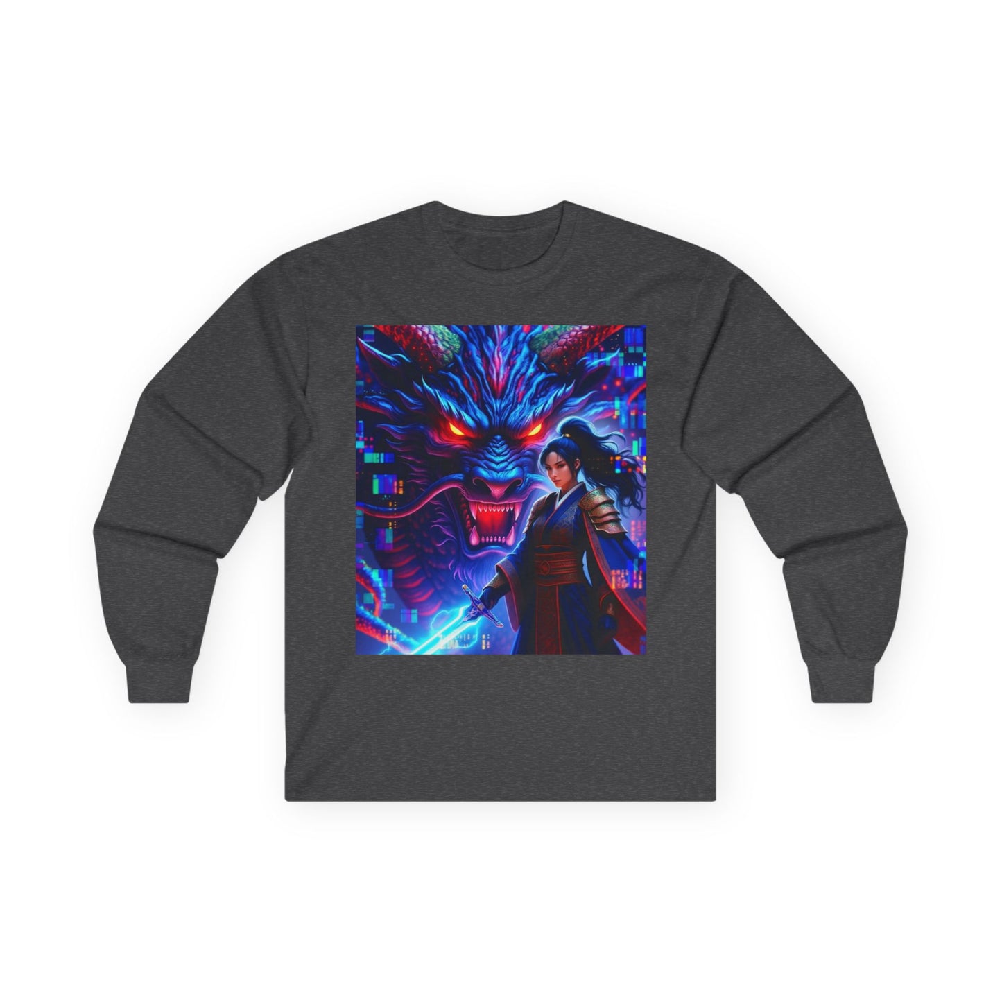 Long Sleeve Tee — Neon Samurai Wolf Art Graphic Shirt