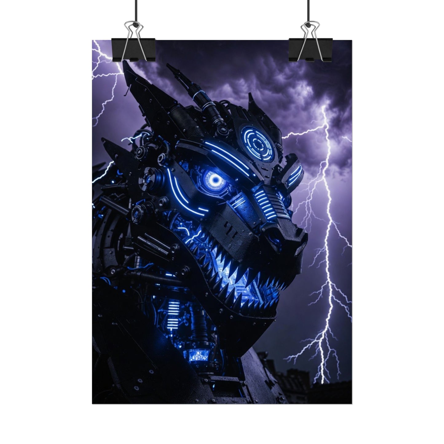 CyberDragon Storm Poster — Futuristic Mech Wolf Art Print (Rolled Poster)