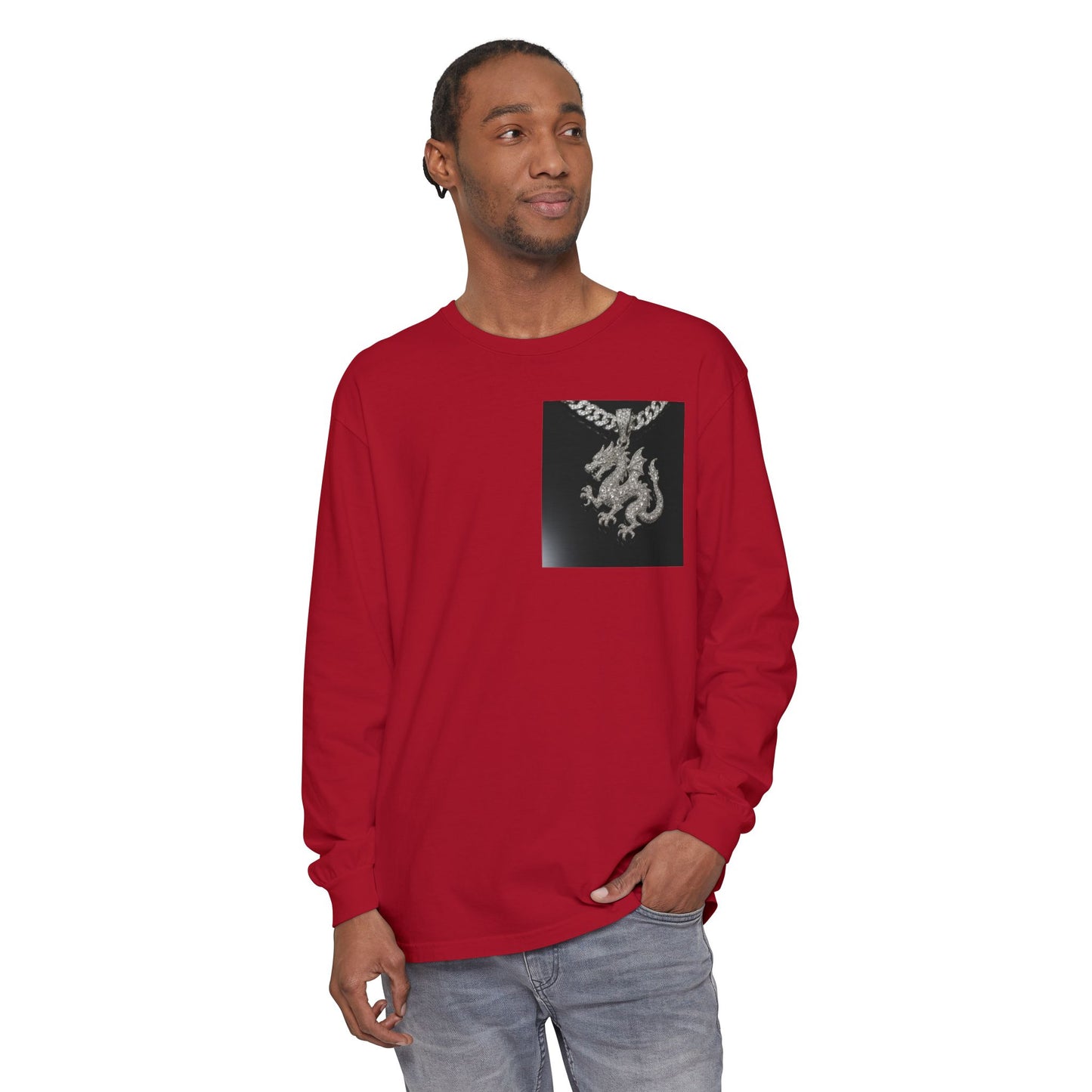 Dragon Pendant Long Sleeve T‑Shirt — Gothic Silver Chain Graphic