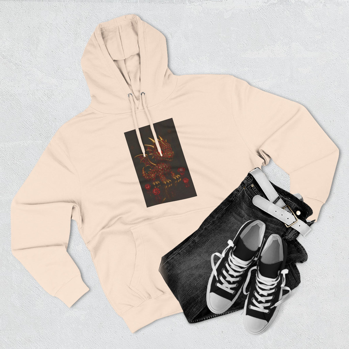 A RUBY RED Dragon Swirl Fleece Hoodie - Three-Panel Design for Fantasy Lovers