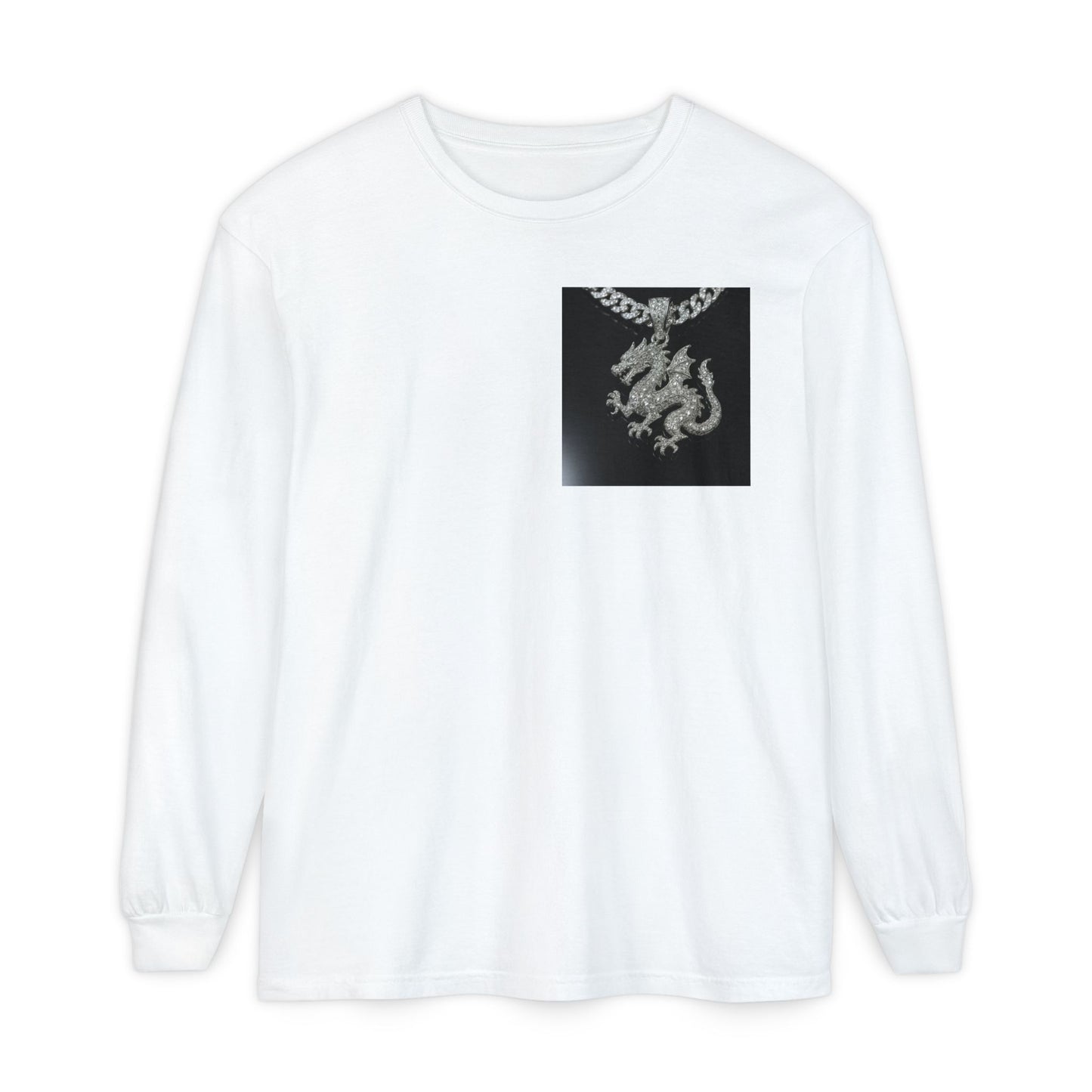 Dragon Pendant Long Sleeve T‑Shirt — Gothic Silver Chain Graphic