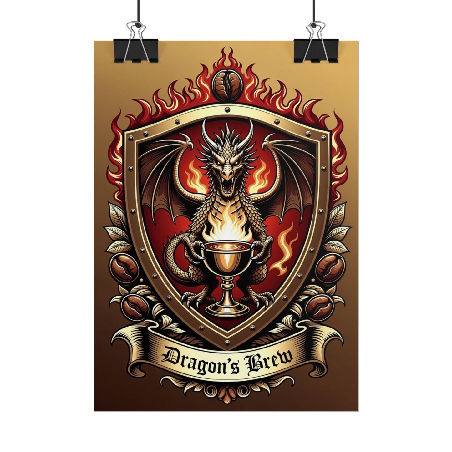 Dragon's Brew Poster — Fantasy Dragon Shield Artwork Rolled Poster