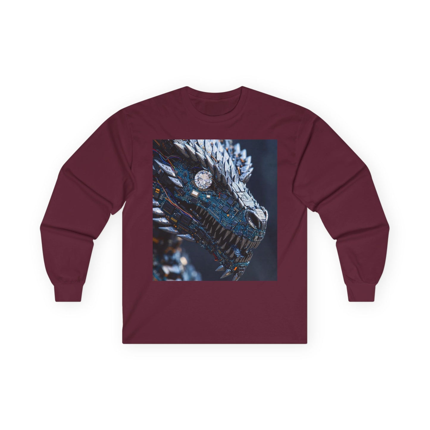 Dragon Head Graphic Long Sleeve Tee — Metallic Fantasy Artwork