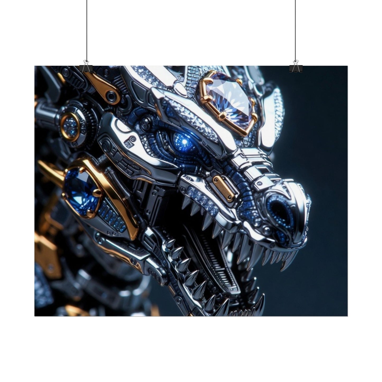 Mechanical Dragon Poster — Futuristic Gold & Blue Sci‑Fi Wall Art
