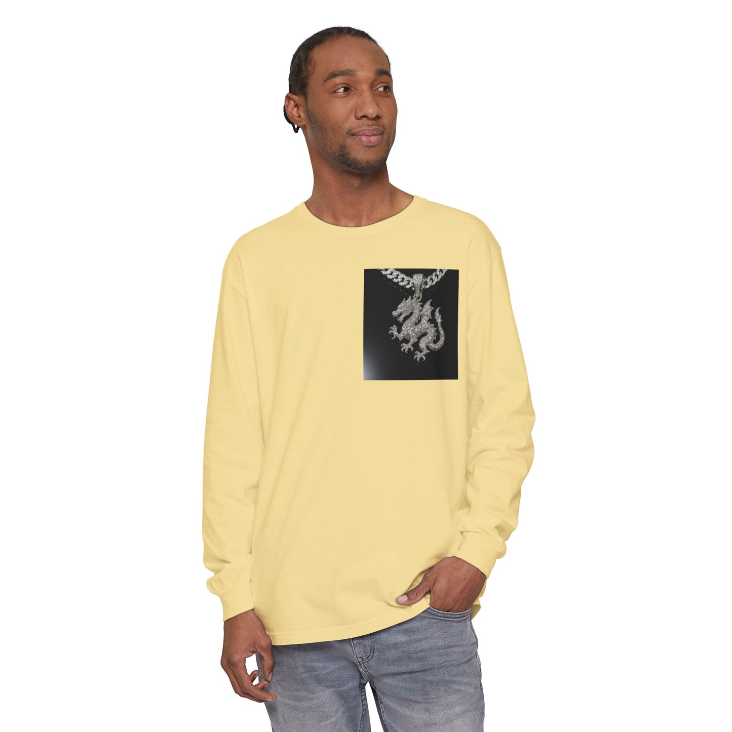 Dragon Pendant Long Sleeve T‑Shirt — Gothic Silver Chain Graphic