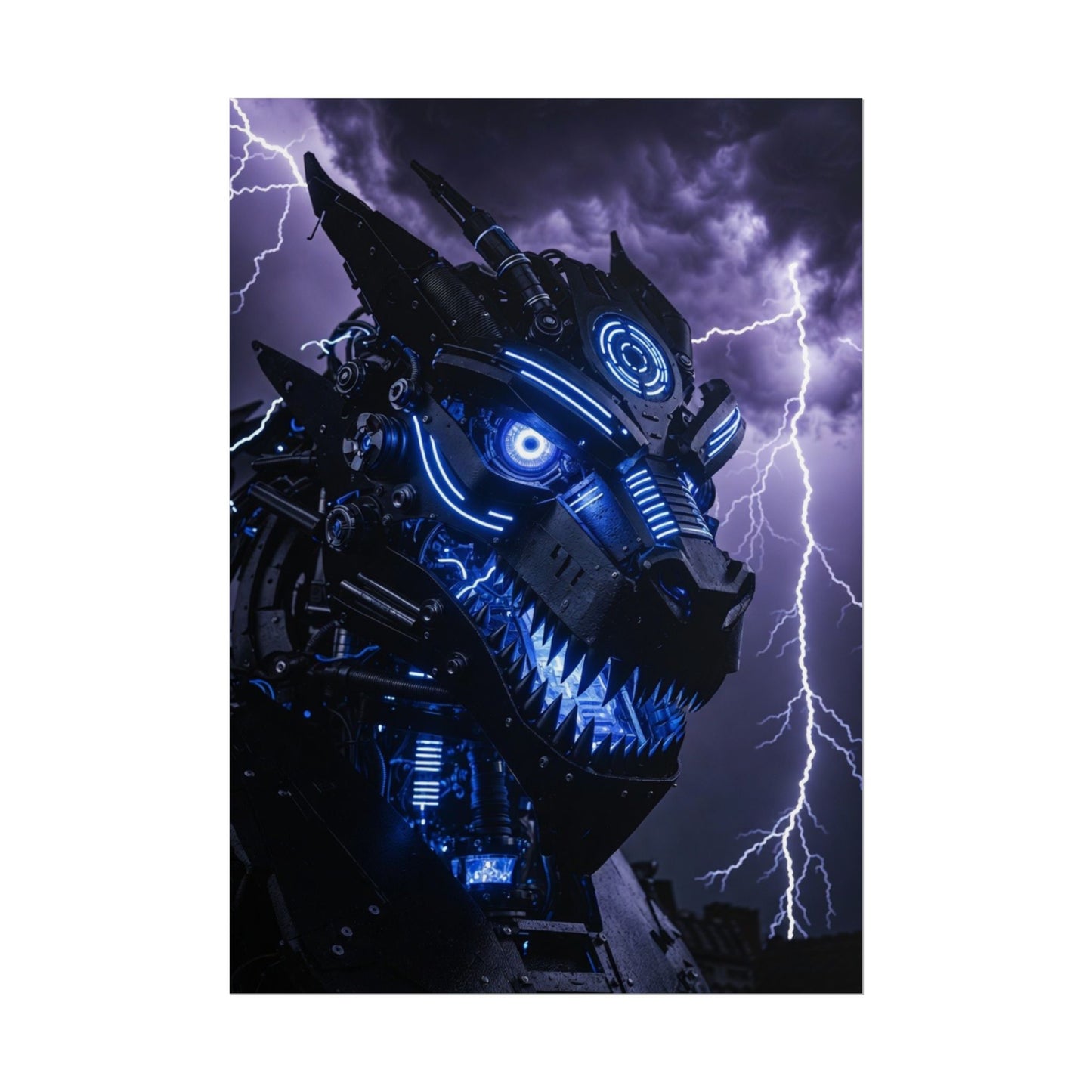 CyberDragon Storm Poster — Futuristic Mech Wolf Art Print (Rolled Poster)