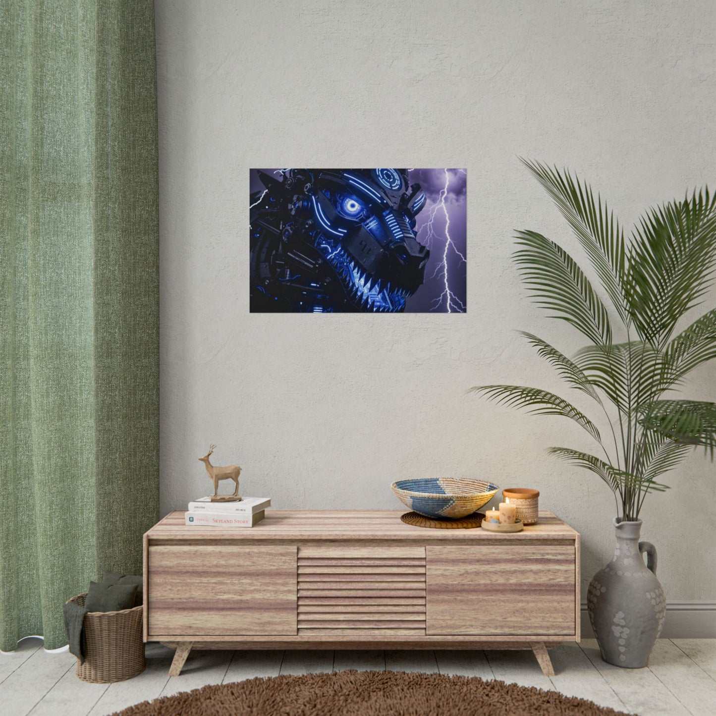 CyberDragon Storm Poster — Futuristic Mech Wolf Art Print (Rolled Poster)