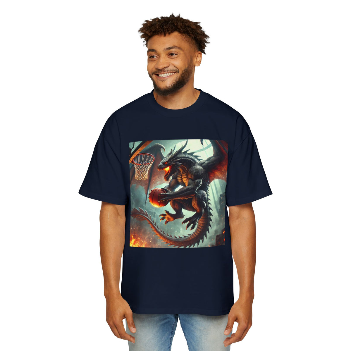 A Men's Fantasy Dragon Basketball Tee - Oversized Graphic Shirt, Streetwear Style, Casual Outfit, Gift for Him, Unique Art Tee